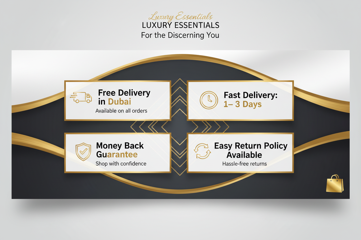 Design a modern, premium eCommerce banner for an online store targeting Dubai (UAE) customers. The banner should look clean, professional, and high-converting with a luxury feel.
Highlight the following offers clearly and attractively: “Free Delivery in Dubai”, “Fast Delivery: 1–3 Days”, “Money Back Guarantee”, and “Easy Return Policy Available”. Use a stylish layout with soft shadows, smooth gradients, and a minimal yet premium color palette (black, white, and gold or blue accents).